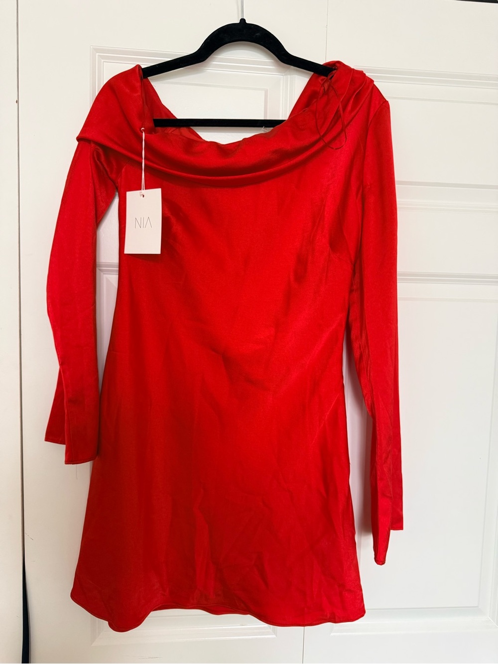 NIA Red Off-Shoulder Mini Dress with Long Sleeves